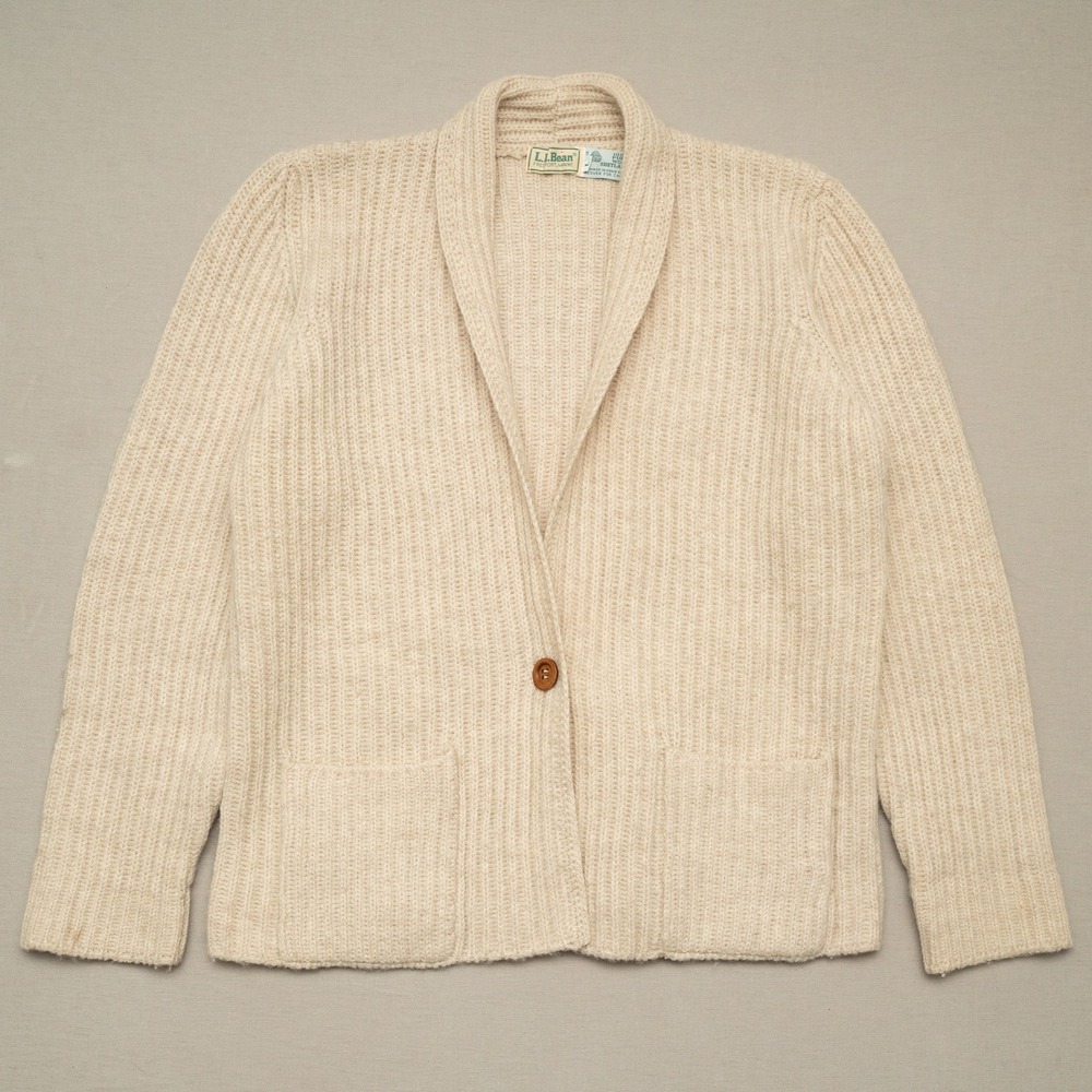 Vintage LL Bean Cardigan Sweater Large Women Beige Shetland Wool Ribbed Knit